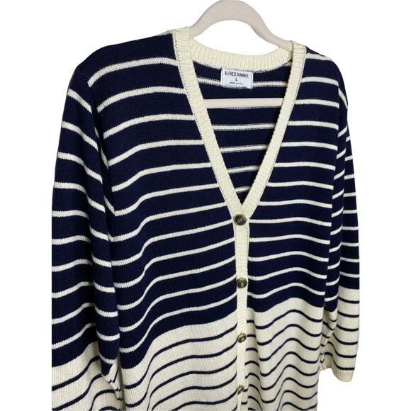Alfred Dunner Sweaters - Vintage Alfred Dunner Cream and Navy Striped Cardigan Size Large Made in USA